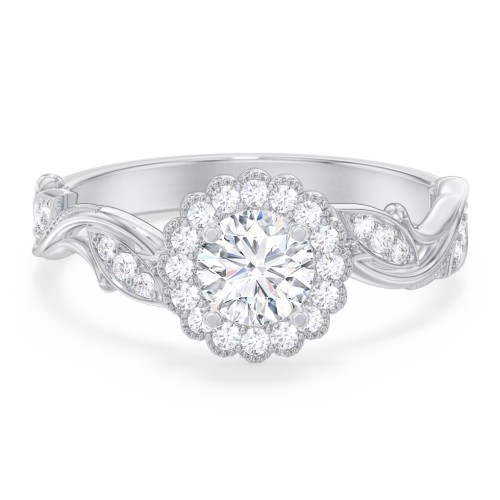 Leaf & Vine Halo Solitaire Engagement Ring – 14K White Gold with Diamond