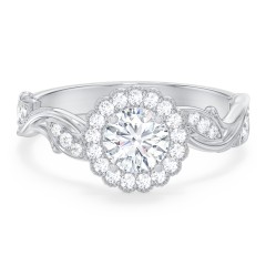 Leaf & Vine Halo Solitaire Engagement Ring – 14K White Gold with Diamond