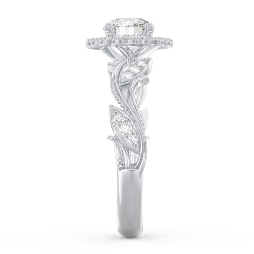Leaf & Vine Halo Solitaire Engagement Ring – 14K White Gold with Diamond