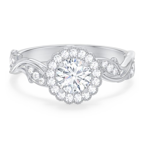 Leaf & Vine Halo Solitaire Engagement Ring – 14K White Gold with Diamond