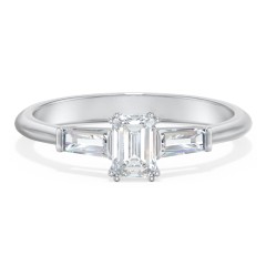 3 Stone Engagement Ring with Tapered Baguettes – 14K White Gold with Diamond