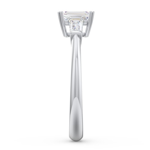 3 Stone Engagement Ring with Tapered Baguettes – 14K White Gold with Diamond