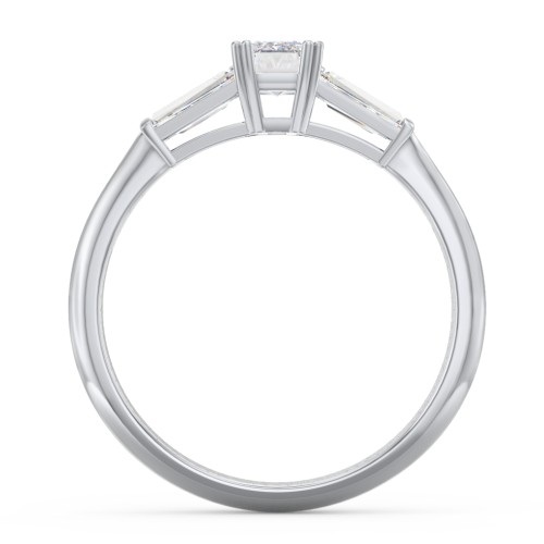 3 Stone Engagement Ring with Tapered Baguettes – 14K White Gold with Diamond