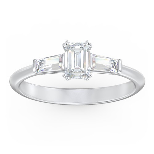 3 Stone Engagement Ring with Tapered Baguettes – 14K White Gold with Diamond