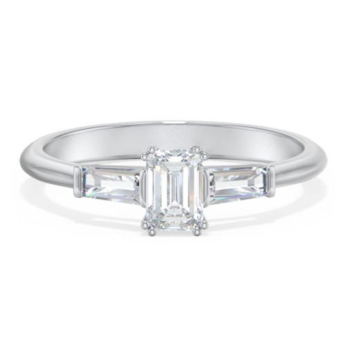 3 Stone Engagement Ring with Tapered Baguettes – 14K White Gold with Diamond
