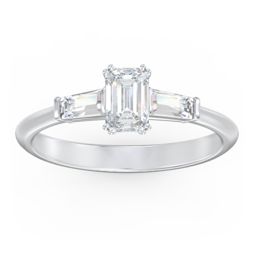 3 Stone Engagement Ring with Tapered Baguettes – 14K White Gold with Diamond