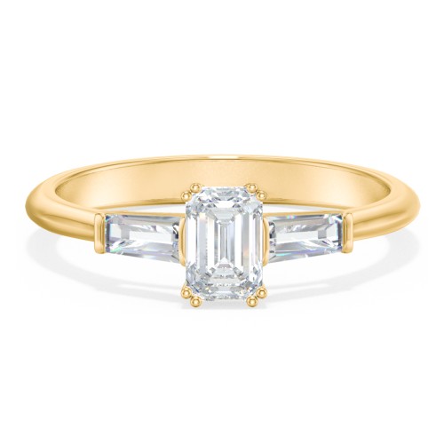 3 Stone Engagement Ring with Tapered Baguettes – 10K Yellow Gold with Diamond