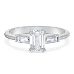 3 Stone Engagement Ring with Tapered Baguettes – 14K White Gold with Diamond