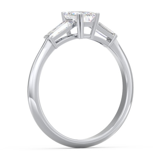 3 Stone Engagement Ring with Tapered Baguettes – 14K White Gold with Diamond