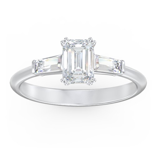 3 Stone Engagement Ring with Tapered Baguettes – 14K White Gold with Diamond