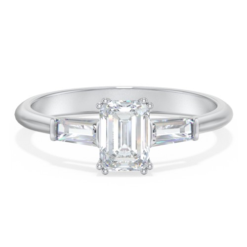 3 Stone Engagement Ring with Tapered Baguettes – 14K White Gold with Diamond