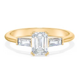 3 Stone Engagement Ring with Tapered Baguettes in 10K Solid Yellow Gold