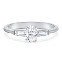 3 Stone Engagement Ring with Tapered Baguettes – 14K White Gold with Diamond