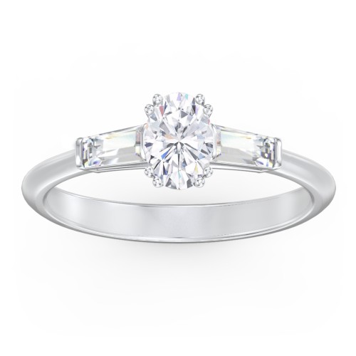 3 Stone Engagement Ring with Tapered Baguettes – 14K White Gold with Diamond