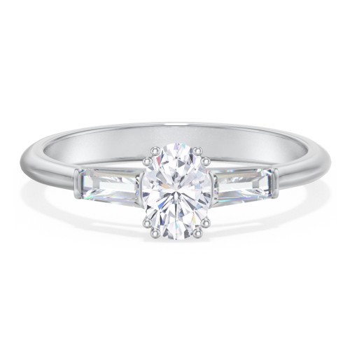 3 Stone Engagement Ring with Tapered Baguettes – 14K White Gold with Diamond