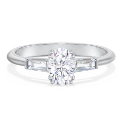 3 Stone Engagement Ring with Tapered Baguettes – 14K White Gold with Diamond