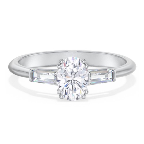 3 Stone Engagement Ring with Tapered Baguettes – 14K White Gold with Diamond