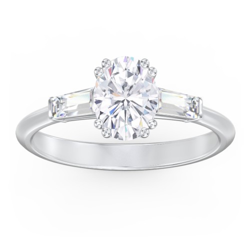 3 Stone Engagement Ring with Tapered Baguettes – 14K White Gold with Diamond