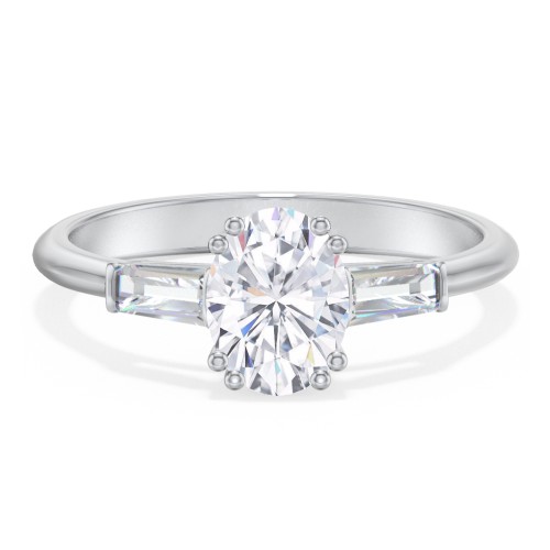 3 Stone Engagement Ring with Tapered Baguettes – 14K White Gold with Diamond