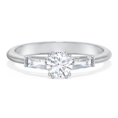 3 Stone Engagement Ring with Tapered Baguettes – 14K White Gold with Diamond
