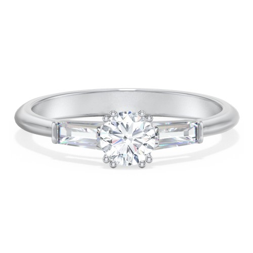 3 Stone Engagement Ring with Tapered Baguettes – 14K White Gold with Diamond