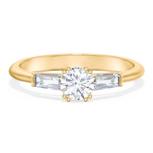 3 Stone Engagement Ring with Tapered Baguettes – 10K Yellow Gold with Diamond