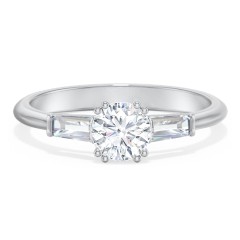 3 Stone Engagement Ring with Tapered Baguettes – 14K White Gold with Diamond