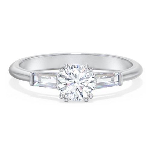 3 Stone Engagement Ring with Tapered Baguettes – 14K White Gold with Diamond