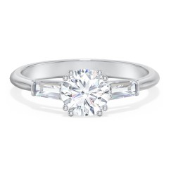 3 Stone Engagement Ring with Tapered Baguettes – 14K White Gold with Diamond