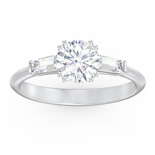 3 Stone Engagement Ring with Tapered Baguettes – 14K White Gold with Diamond