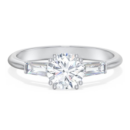 3 Stone Engagement Ring with Tapered Baguettes – 14K White Gold with Diamond