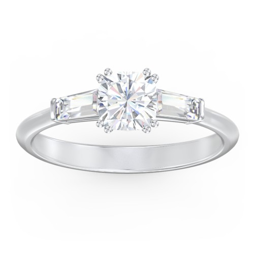 3 Stone Engagement Ring with Tapered Baguettes – 14K White Gold with Diamond