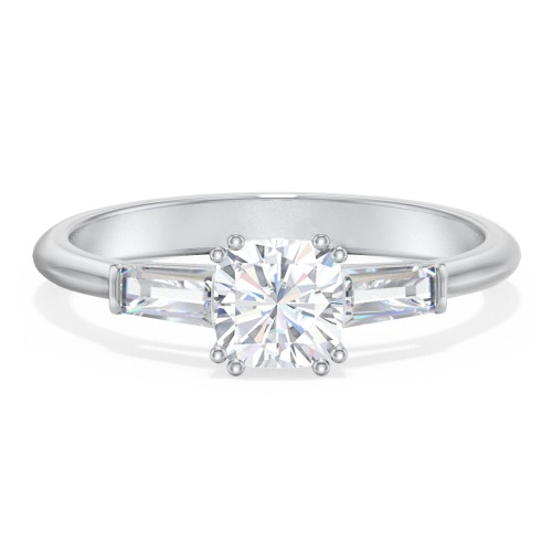 3 Stone Engagement Ring with Tapered Baguettes – 14K White Gold with Diamond