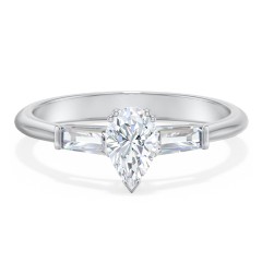 3 Stone Engagement Ring with Tapered Baguettes – 14K White Gold with Diamond