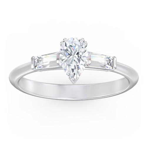 3 Stone Engagement Ring with Tapered Baguettes – 14K White Gold with Diamond
