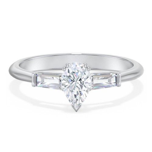 3 Stone Engagement Ring with Tapered Baguettes – 14K White Gold with Diamond