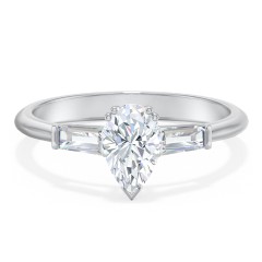 3 Stone Engagement Ring with Tapered Baguettes – 14K White Gold with Diamond