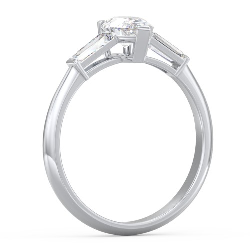3 Stone Engagement Ring with Tapered Baguettes – 14K White Gold with Diamond