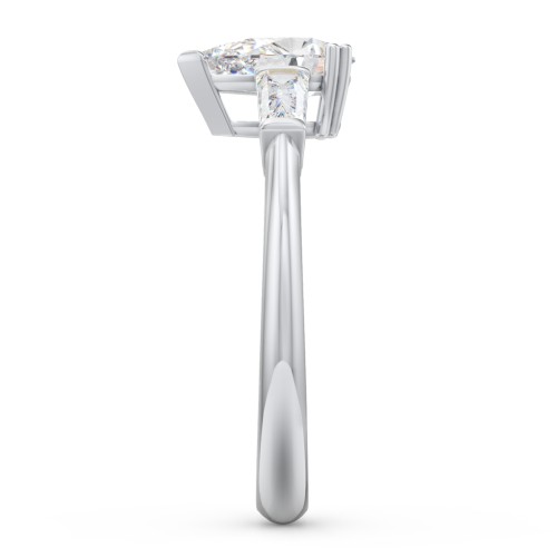 3 Stone Engagement Ring with Tapered Baguettes – 14K White Gold with Diamond