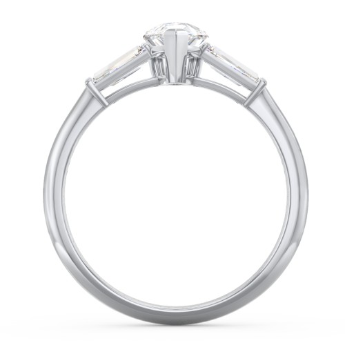 3 Stone Engagement Ring with Tapered Baguettes – 14K White Gold with Diamond