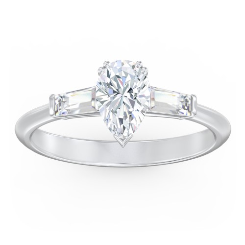 3 Stone Engagement Ring with Tapered Baguettes – 14K White Gold with Diamond