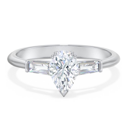 3 Stone Engagement Ring with Tapered Baguettes – 14K White Gold with Diamond