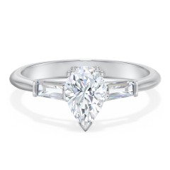 3 Stone Engagement Ring with Tapered Baguettes – 14K White Gold with Diamond