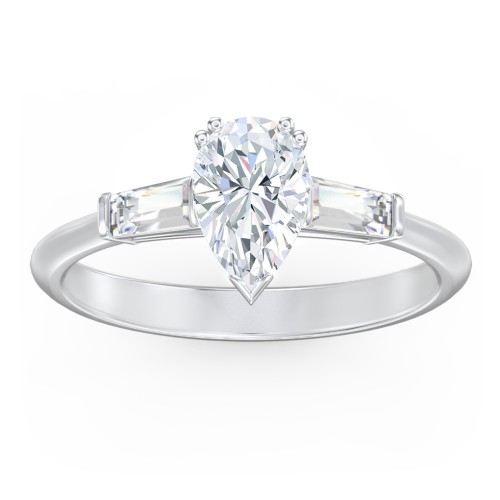 3 Stone Engagement Ring with Tapered Baguettes – 14K White Gold with Diamond
