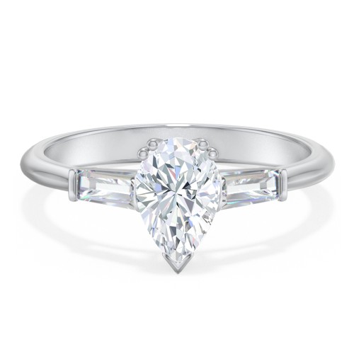 3 Stone Engagement Ring with Tapered Baguettes – 14K White Gold with Diamond