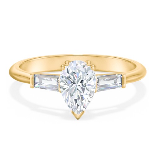 3 Stone Engagement Ring with Tapered Baguettes – 10K Yellow Gold with Diamond