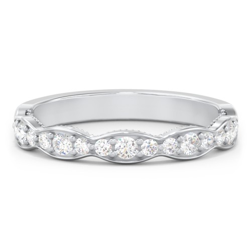 Scalloped Multi-Stone Half Eternity Wedding Band – 14K White Gold with Lab Diamond
