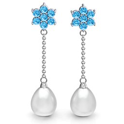 Freshwater Pearl Drop Earrings with Floral Detail in 925 Sterling Silver with Blue Topaz