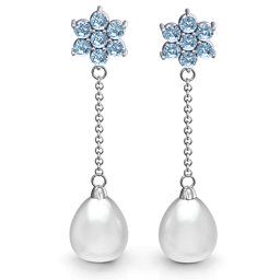 Freshwater Pearl Drop Earrings with Floral Detail in 925 Sterling Silver with Aquamarine