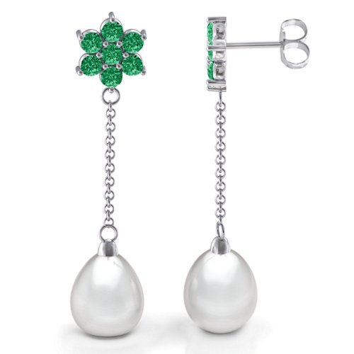Freshwater Pearl Drop Earrings with Floral Detail – Sterling Silver with Emerald